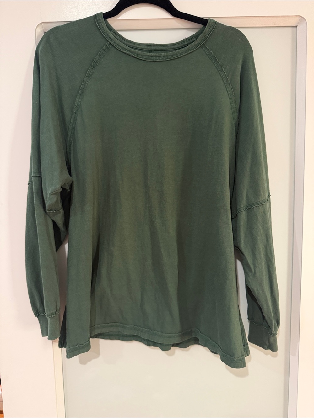 aerie Washed Forest Green oversized Long-Sleeve Cotton Crewneck Pullover, XS